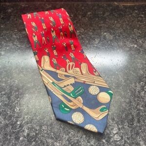 Vintage 417 Van Huesen Red and Blue Golf-Themed Men's 100% Silk Tie Made in USA